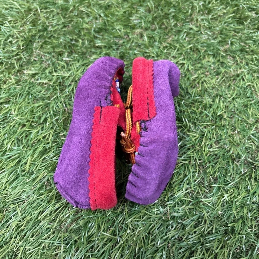 Unbranded Moccasin Slippers Kids Size 0-6 mo Red‎ Purple Beaded Suede Excellent